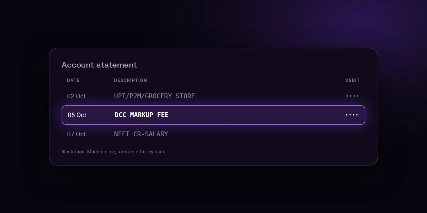 Illustration: a bank statement line showing DCC