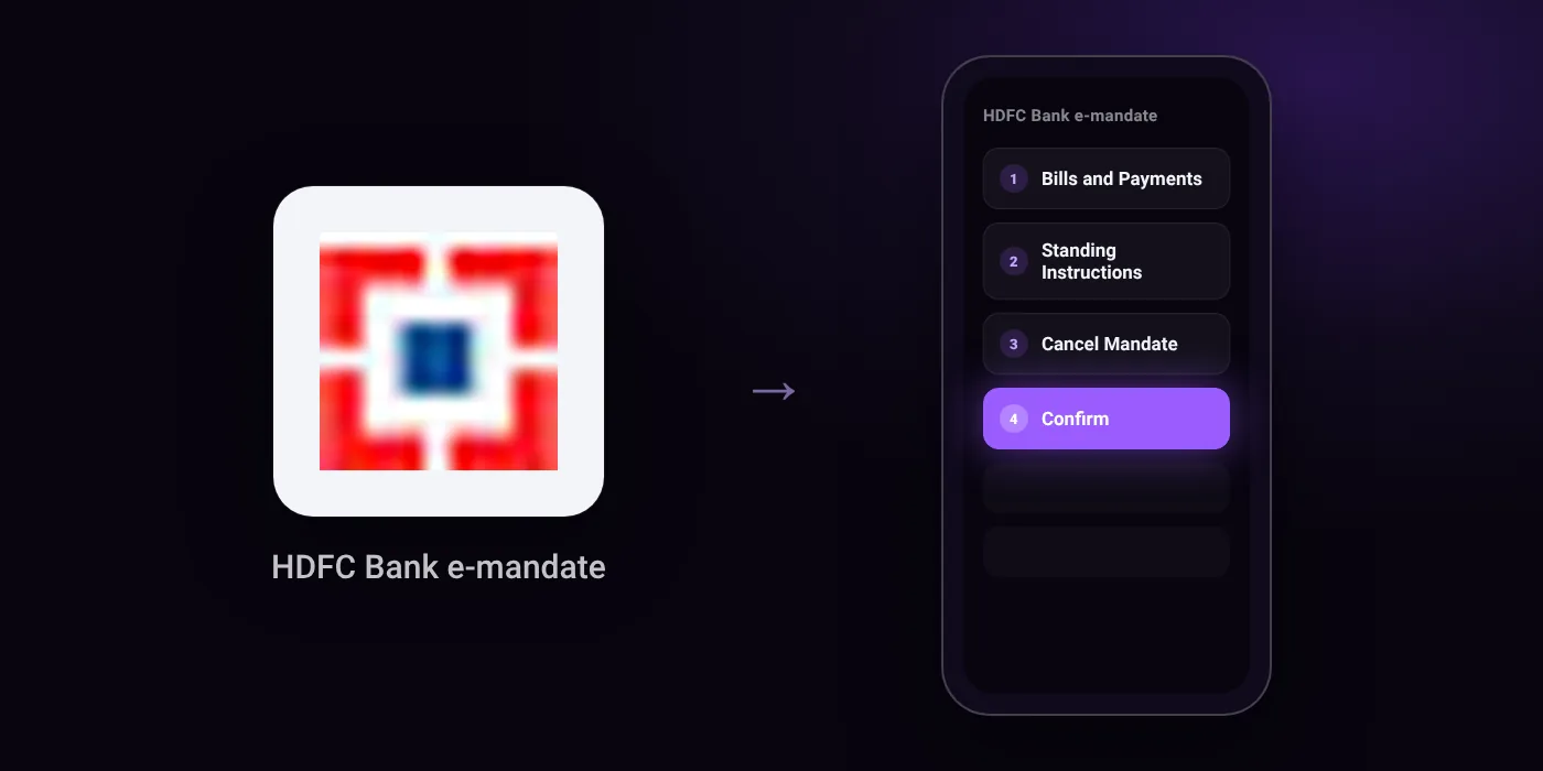 Illustration: HDFC Bank e-mandate cancel path, Bills and Payments then Standing Instructions then Cancel Mandate then Confirm